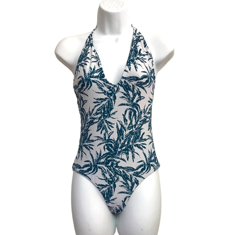 ONIA Nina One Piece Swimsuit Sz Urban Palms Print Plunge Neck Halter Open Back